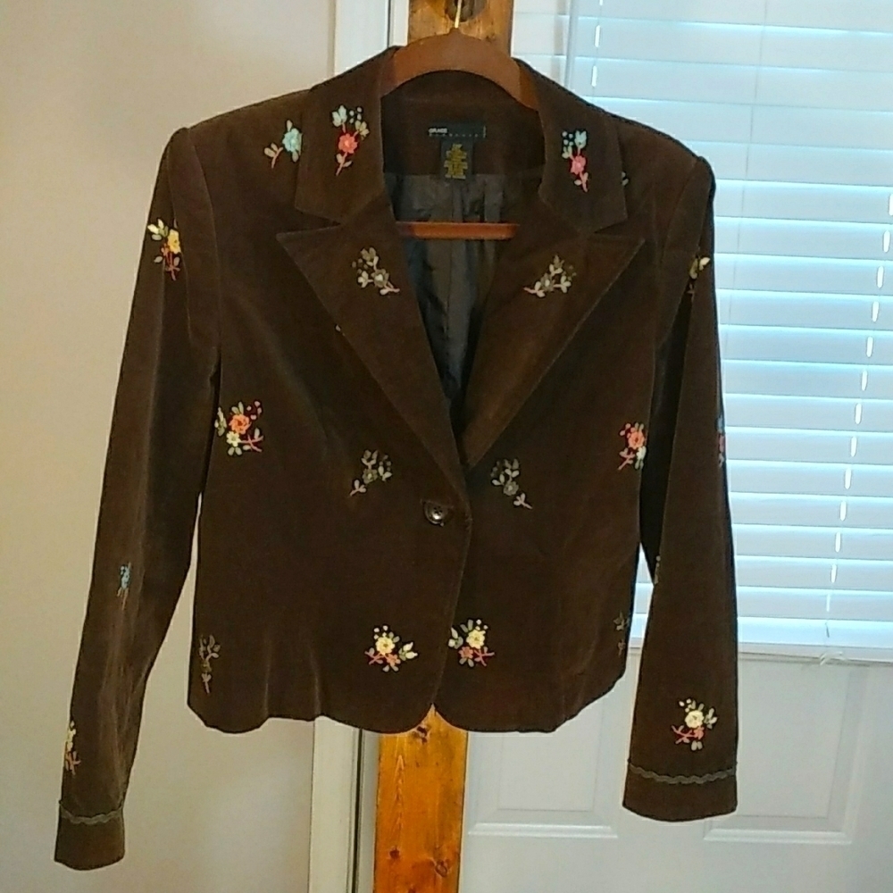 Grace Elements Brown Corduroy Long Sleeves Floral Aplique Floral Jacket Size 12P